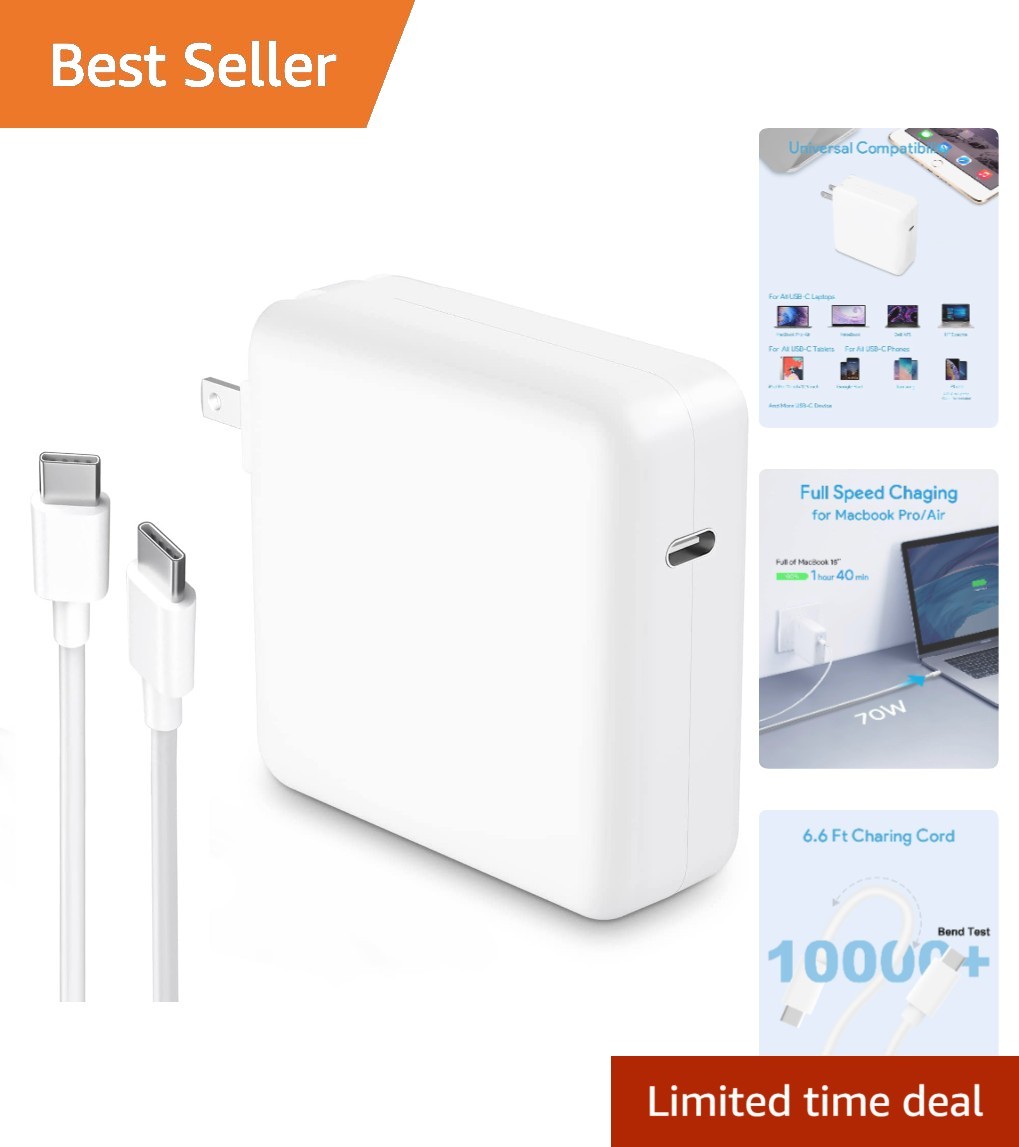 Efficient 70W USB C Charger for MacBook Pro/Air with 6.6ft Cable – Travel Ready