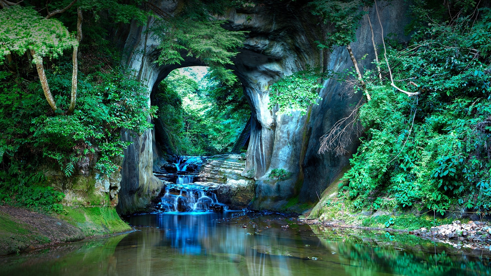 Landscape nature cave river water trees rocks plants Custom Gaming Mat Desk