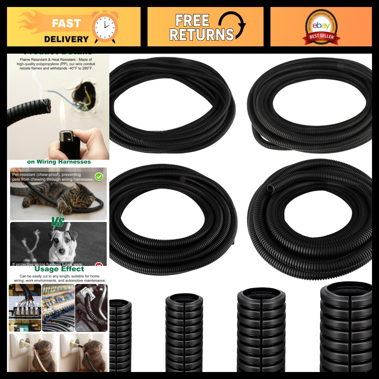 120FT Split Wire Loom - 4pc Flame Retardant Cable Sleeve for Wire Management