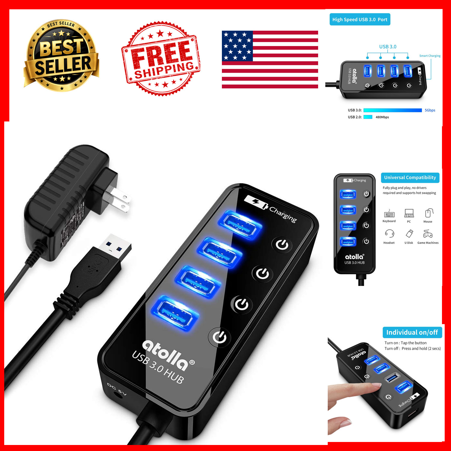 USB 3.0 Hub 4-Port 5Gbps Charging Port AC Adapter Individual Switches 18-Month