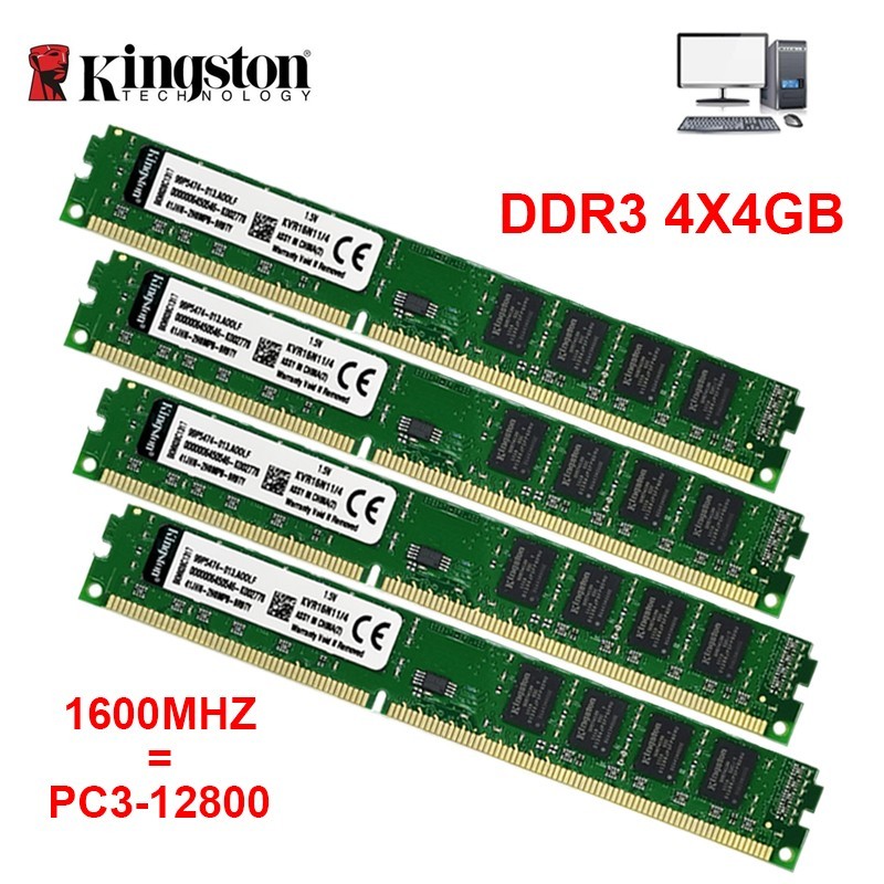 Kingston 16GB (4x4GB) KIT DDR3 1600MHz 1.5V Non-ECC Desktop Memory RAM PC3-12800