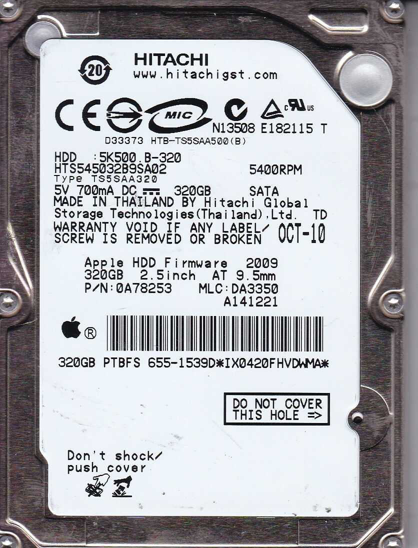 Hitachi HTS545032B9SA02 pn: 0A78253 mlc: DA3350 320GB SATA 2.5 HDD 7911
