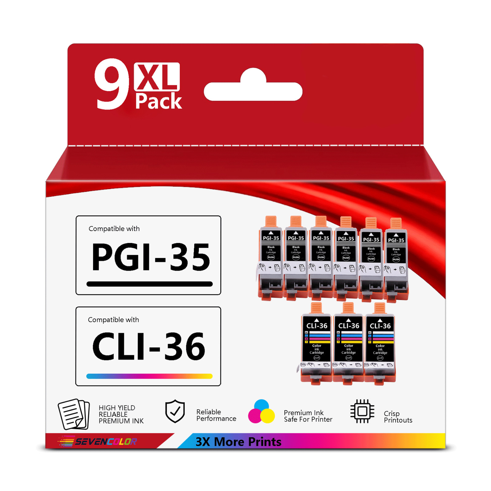 PGI-35 CLI-36 High Yield Ink Cartridges | 9-Pack, 6 Black 3 Tri-color