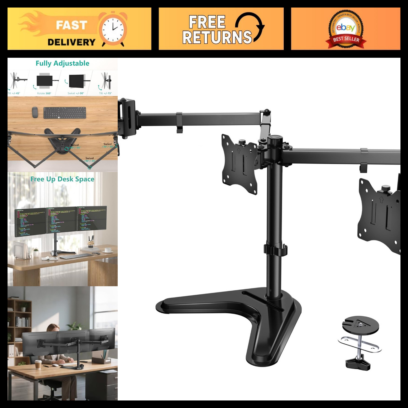 Freestanding Triple Monitor Stand for 13-27" Screens, Supports 22lbs per Arm, Ad