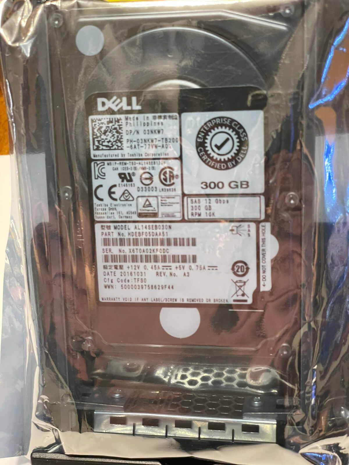 Dell AL14SEB030N 300GB 2.5" 12Gbps 10K RPM SAS HDD w/Caddy Dell P/N: 03NKW7