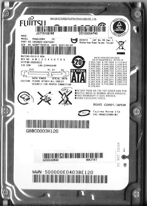 Fujitsu MHW2120BH 120GB Sata Hard Drive P/N: CA06820-B327000T F/W: 00000012