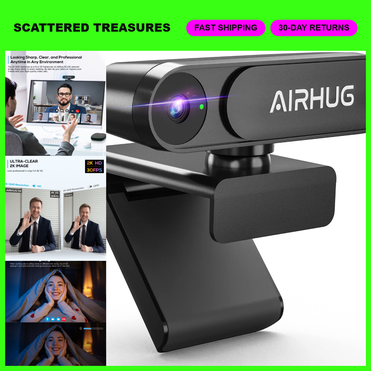 High-Resolution 2K USB Webcam with Privacy Cover - No Microphone for PC/Laptop