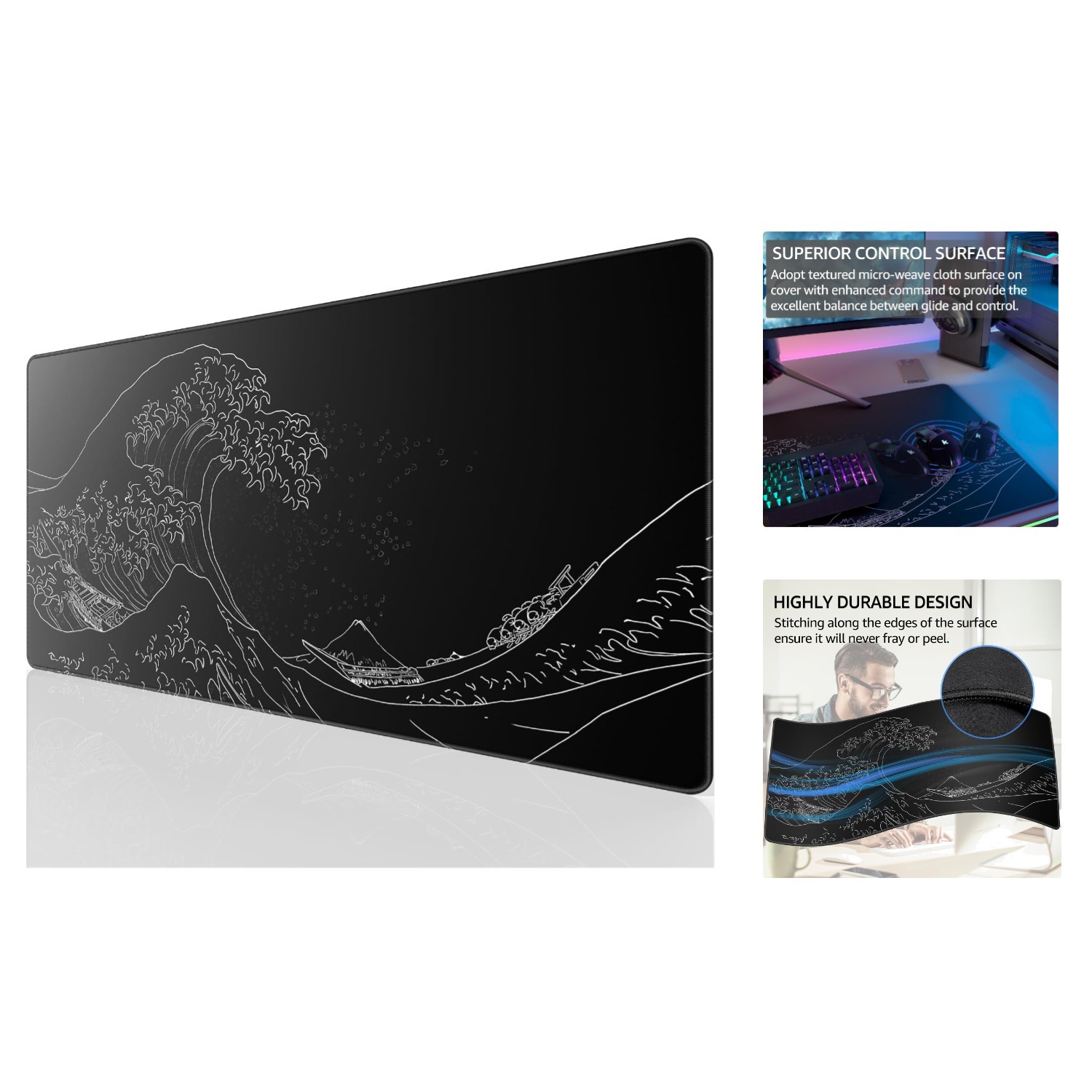 Large 31.5 x 15.7 Kanagawa Wave Gaming Mouse Pad - Non-Slip & Water-Resistant