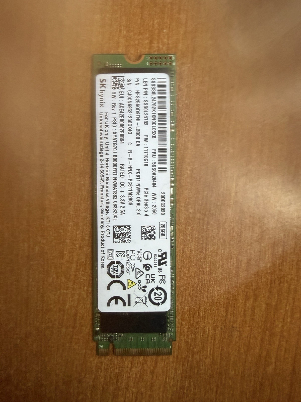 SK HYNIX 256GB SSD NVME PC611 PCIE Opal 2.0 Gen 3 X 4 SSS0L24782