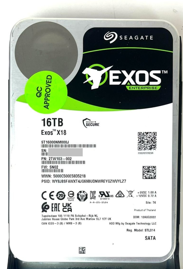 Seagate Exos X18 16TB SATA 6Gb/s 3.5" Enterprise HDD ST16000NM000J