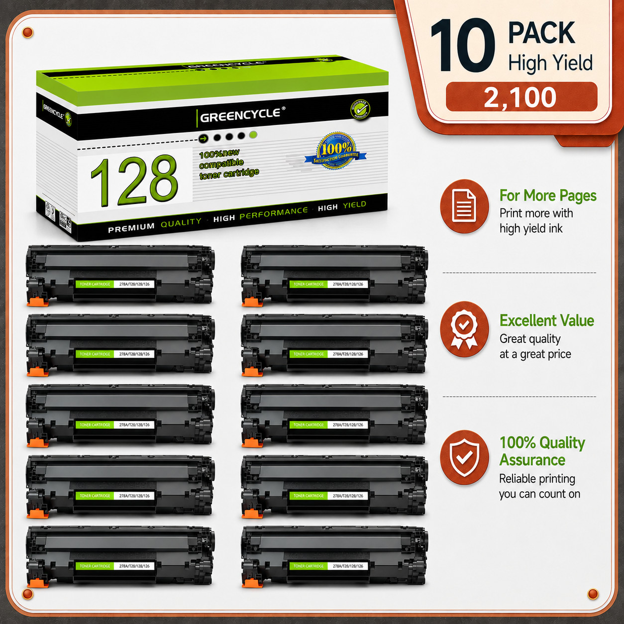 GREENCYCLE 10PK CRG128 Toner Cartridge Fits for Canon ImageClass D530 L100 D550