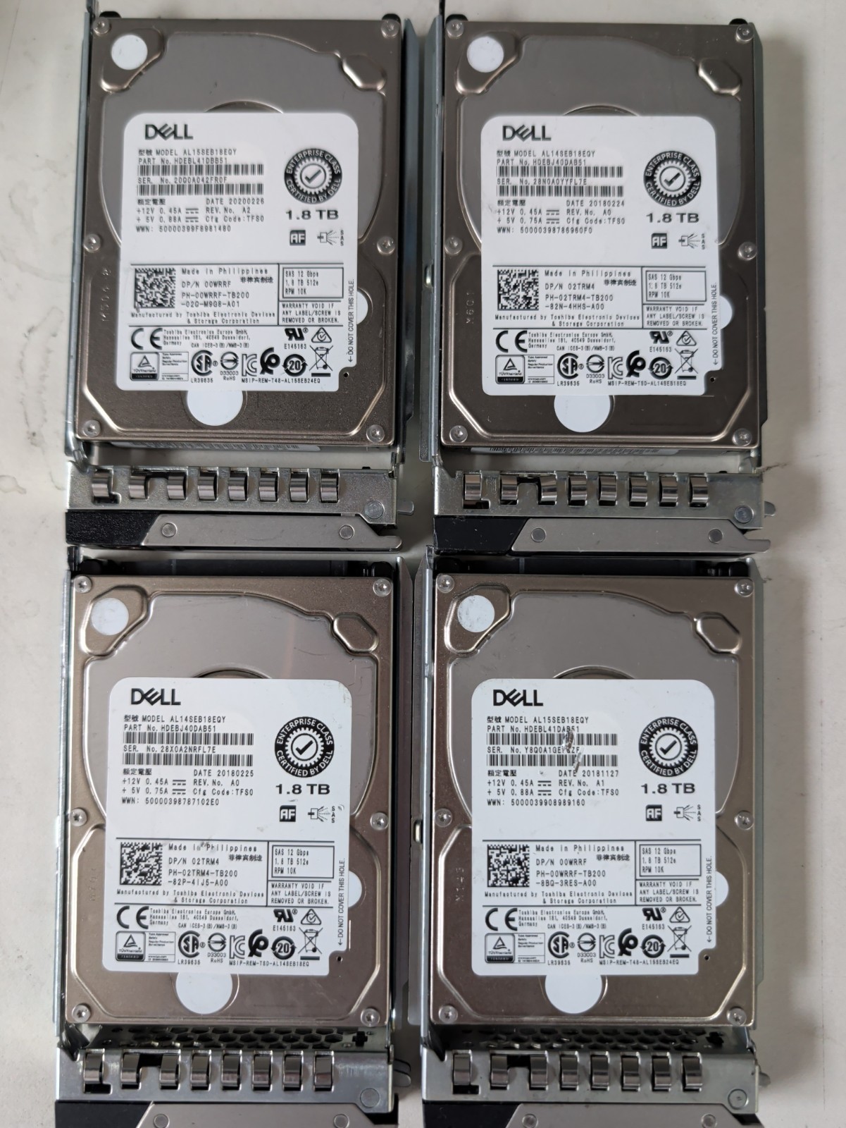 Lot of 4 Dell 1.8TB 10K SAS 12Gb/s 2.5” Hard Drive HDD AL15SEB18EQY w/ Caddies