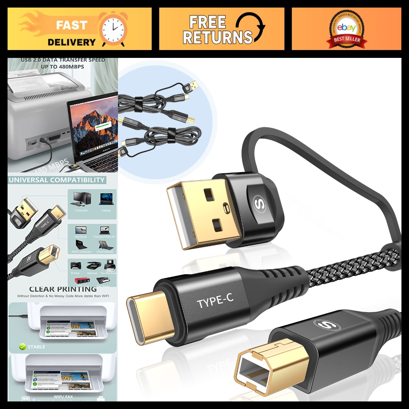 High-Speed 2-in-1 USB-A/C to USB-B Printer Cable, Braided 6.6ft, 2-Pack