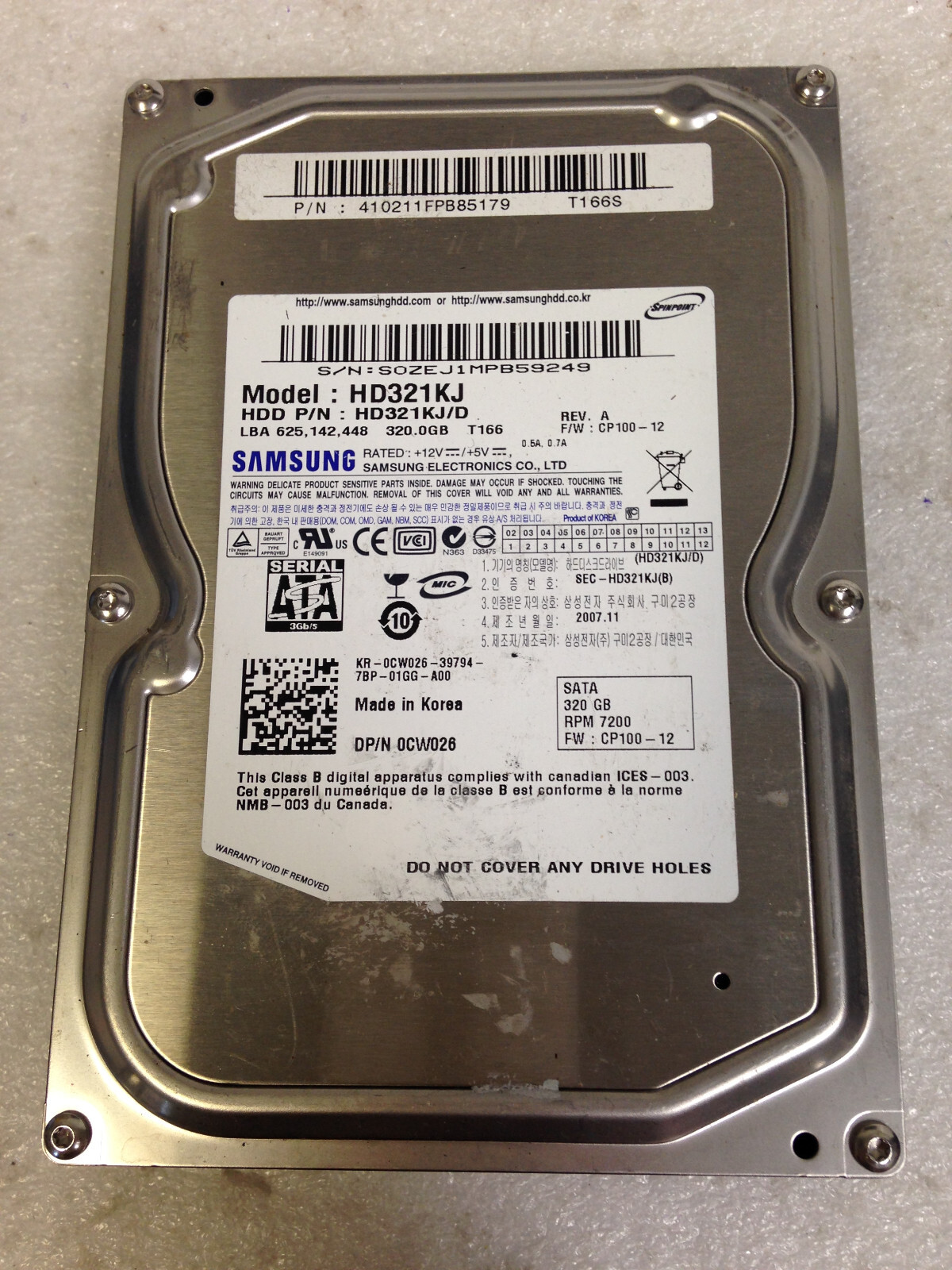 Samsung HD321KJ HD321KJ/D P/N 0CW026 SATA 320GB Hard Drive