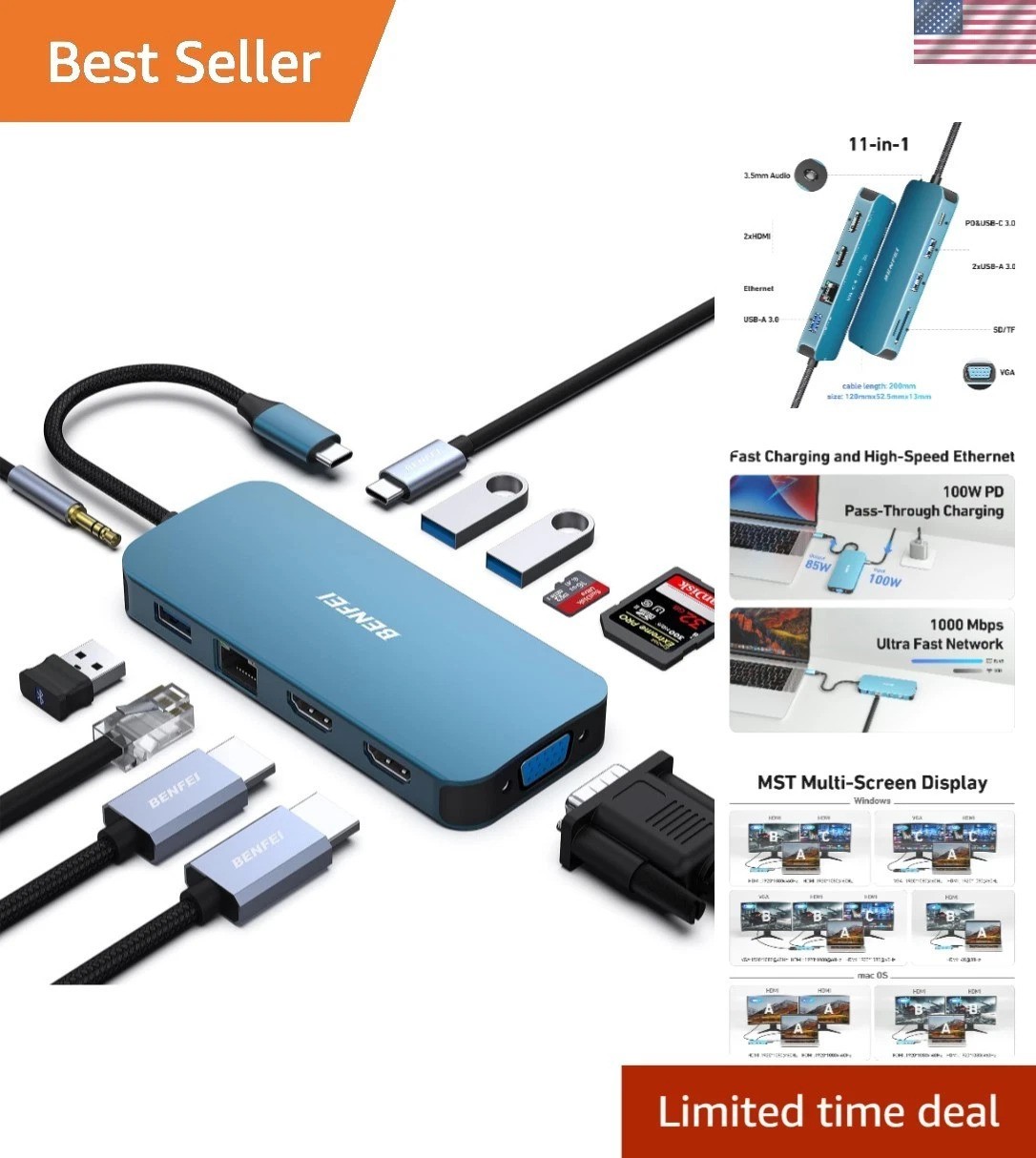 Ultimate 11-in-1 USB C Docking Station - Fast Data Transfer & Power Delivery