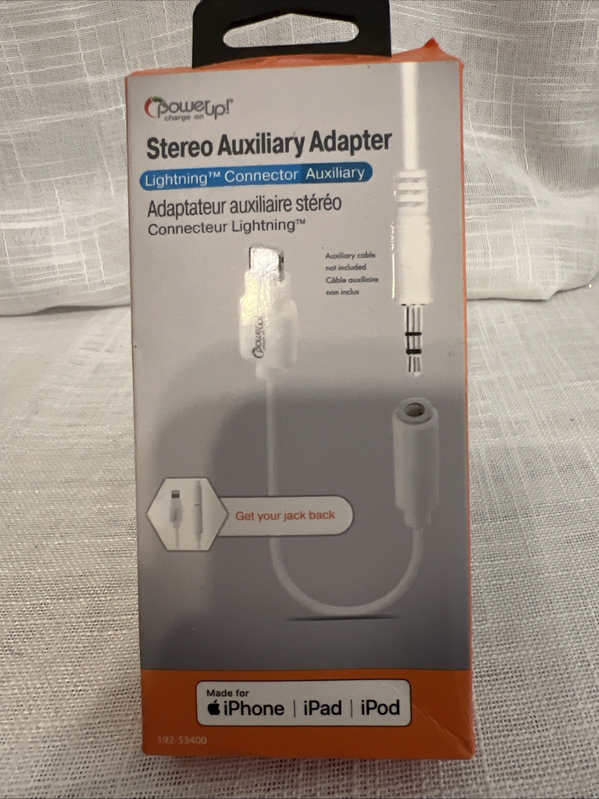POWER UP Headphone Auxiliary Adapter MFi 8-pin to 3.5mm 6” cable NEW