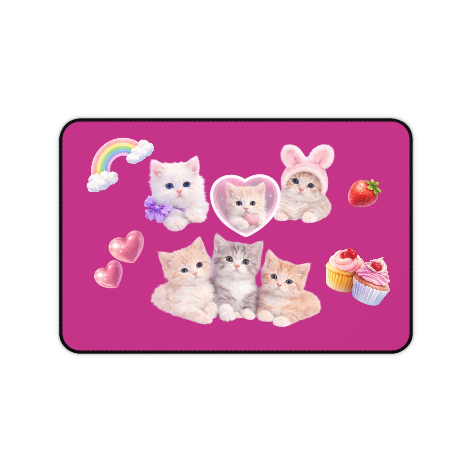 Kawaii Kitten Collage Desk Mat, Y2K aesthetic Cute Cats, Hearts, Rainbows