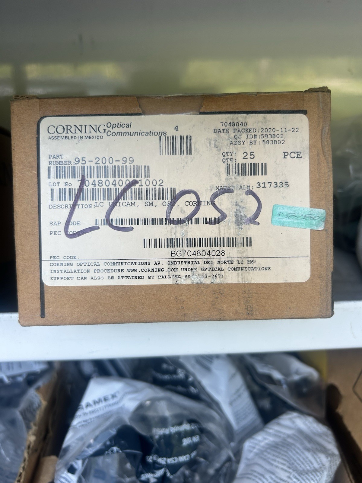 Corning SM LC OS2 Unicam Connectors 95-200-99              1 box 25 count