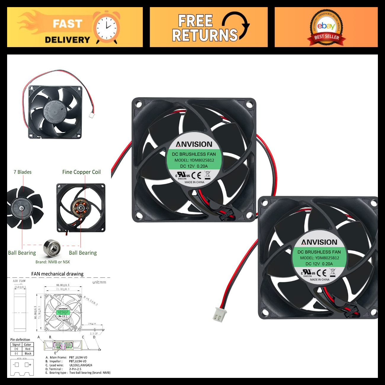 2-Pack 80mm x 25mm DC 12V Brushless Cooling Fans, Dual Ball Bearing, Quiet & Eff