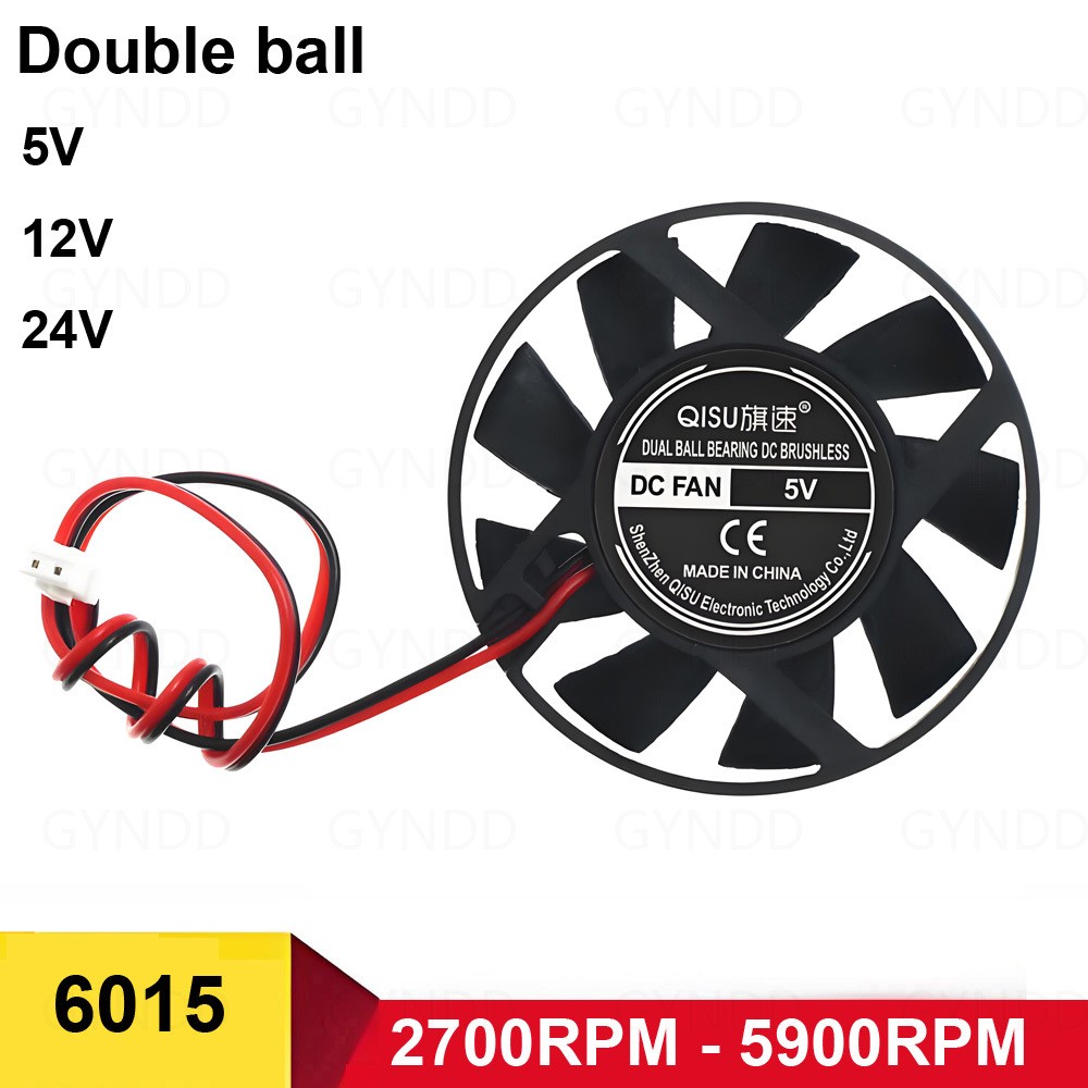 6015 Round Brushless Quiet Cooling Fan DC 5V / 12V /24V - Ball Bearing For CPU