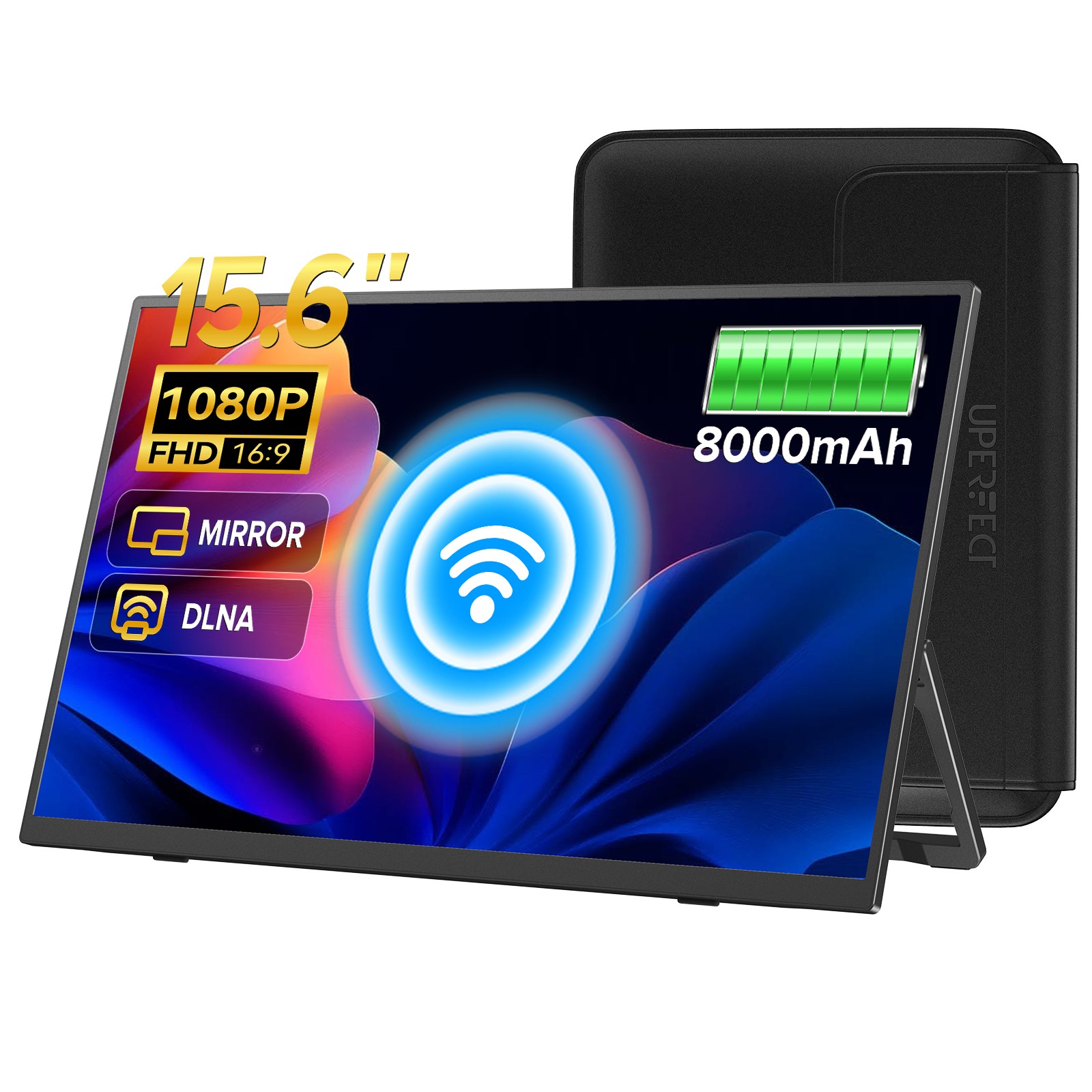 UPERFECT Wireless 15.6" FHD Portable Display Battery Powered w/Kickstand & Case