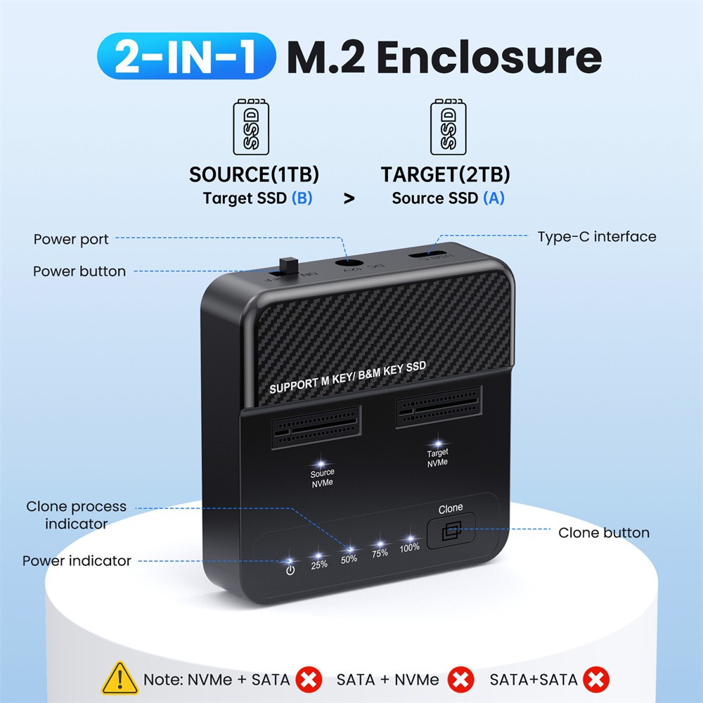 2 in 1 M.2 NVME SSD Enclosure,USB 3.2 Gen 2X2 20Gbps Dual Bay M.2 NVME Dock