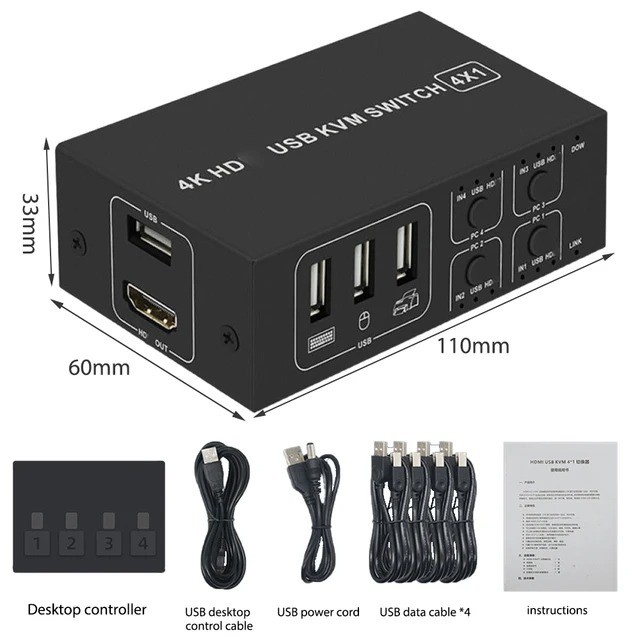 Konsenda 4 Port HDMI KVM Switch 4K@60Hz USB Selector w/ Desktop Controller