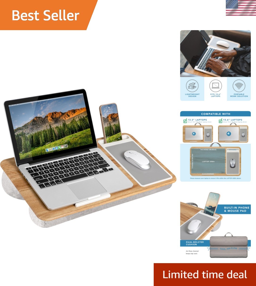 Portable Oak Woodgrain Lap Desk – Ideal for Work or Play with Cushion Comfort