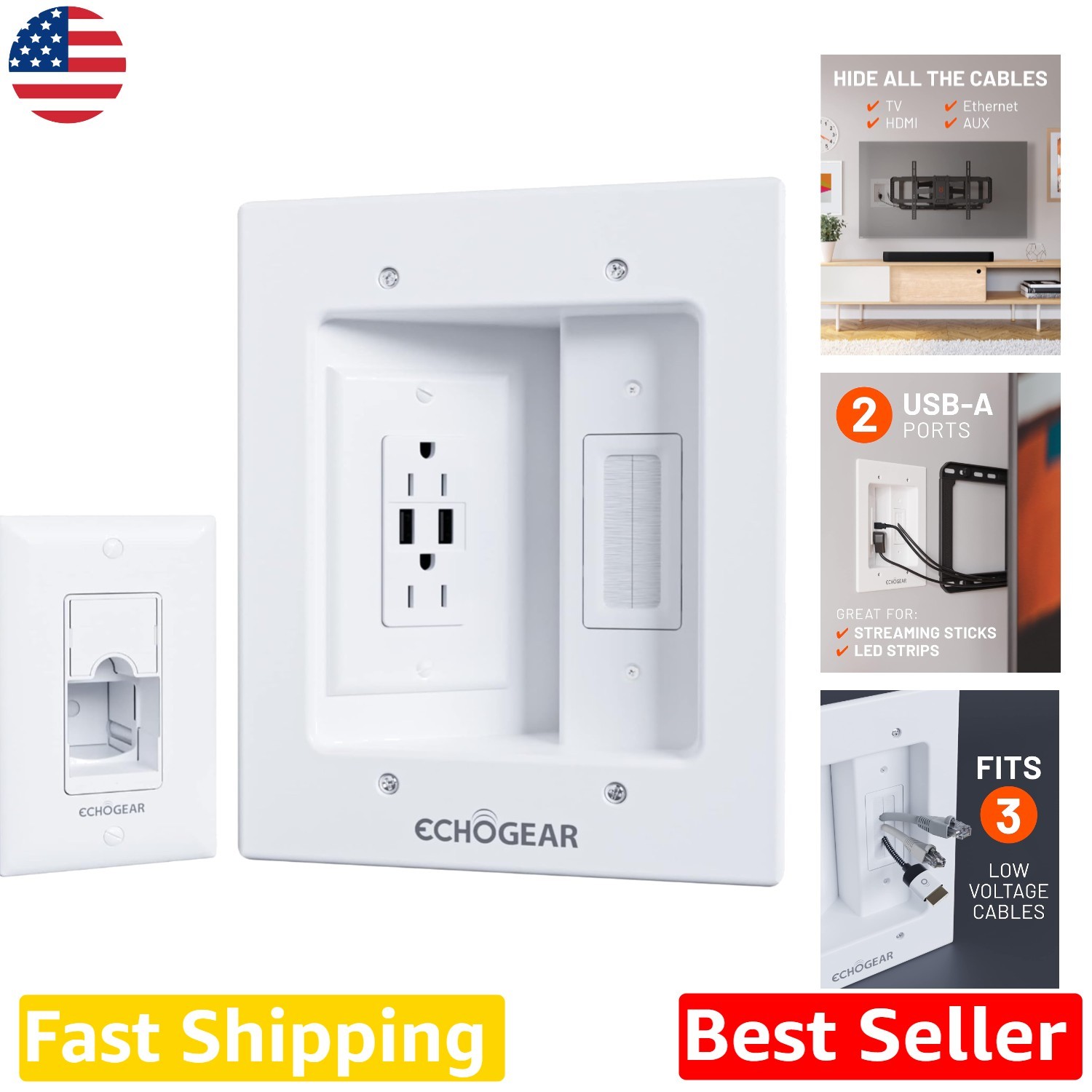 Elite TV Cord Hider White: 2 AC + 2 USB, Wall Cable Management System