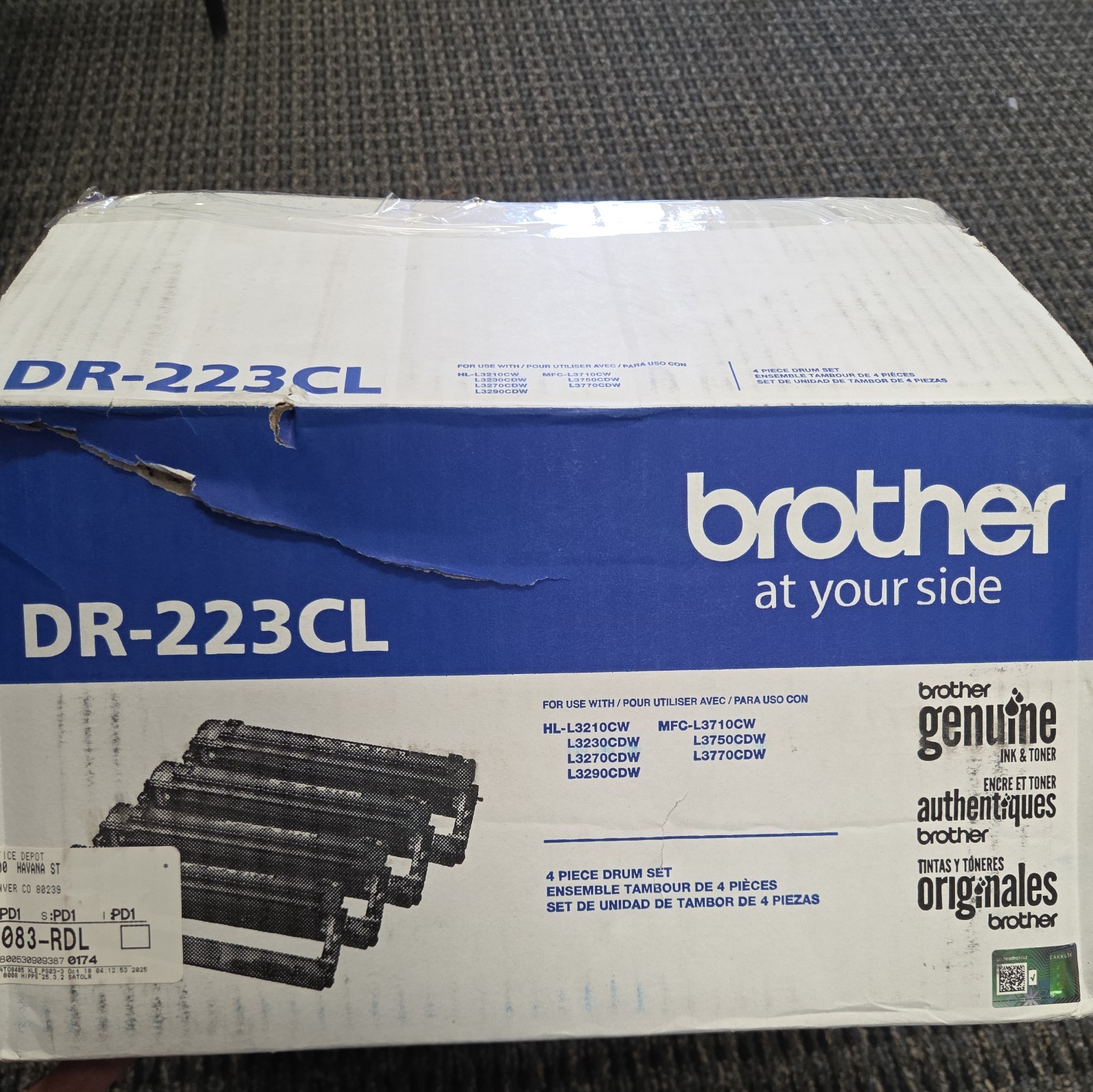 NEW GENUINE - BROTHER DR-223CL DRUM UNIT SET - 18,000 PAGES - *ONE OPEN BAG*