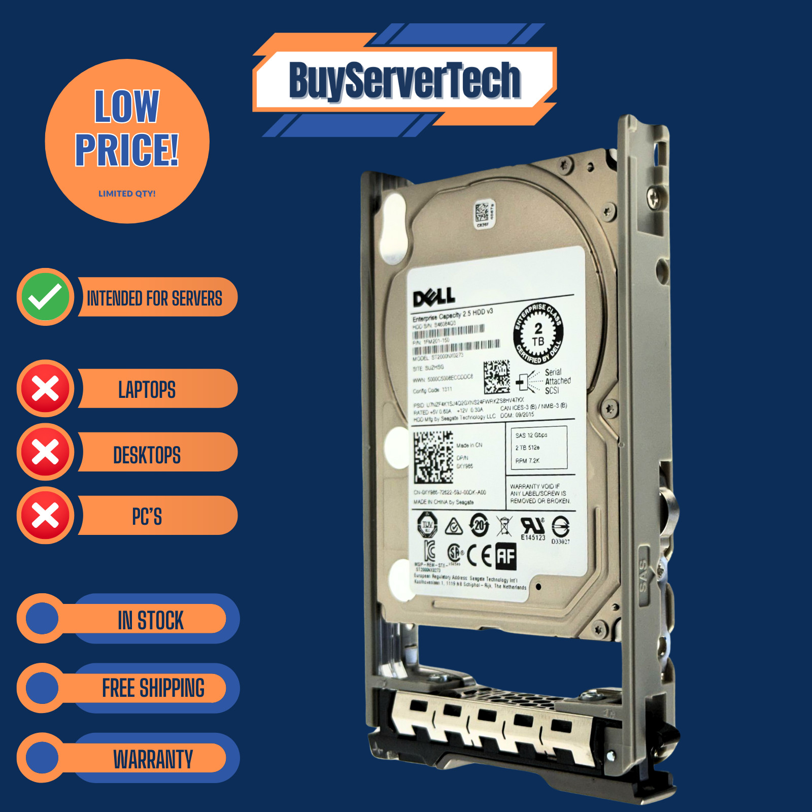 Dell 0TMVN7 ST2000NX0433 2TB 7.2K 12Gb/s SAS 2.5" HDD 128MB Cache Server Drive