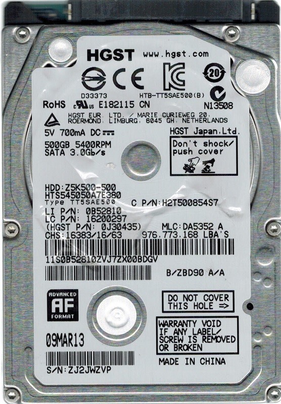 Hitachi HTS545050A7E380 P/N: 0J30435 MLC: DA5352 500GB