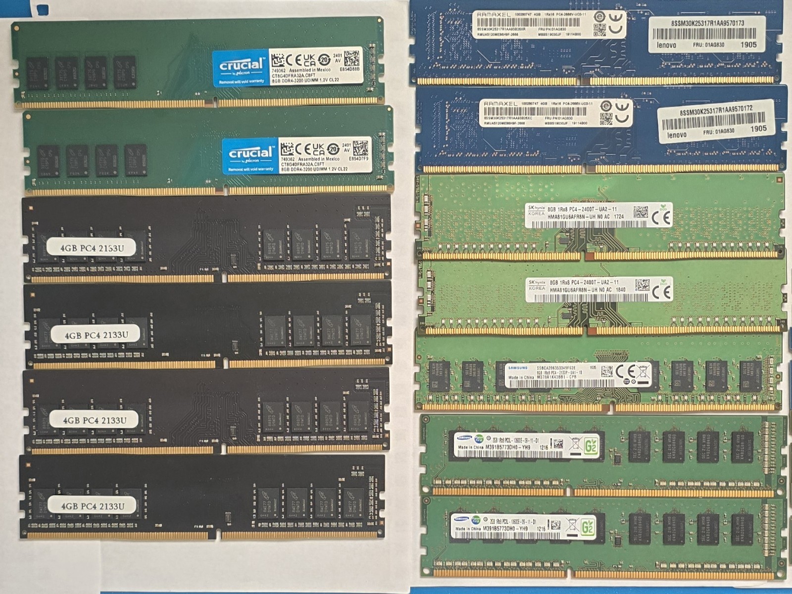 Lot of (11) Mixed Memory 4GB/8GB DDR4 2133/ 2400/2666/3200mhz + (2) 2GB DDR3 RAM