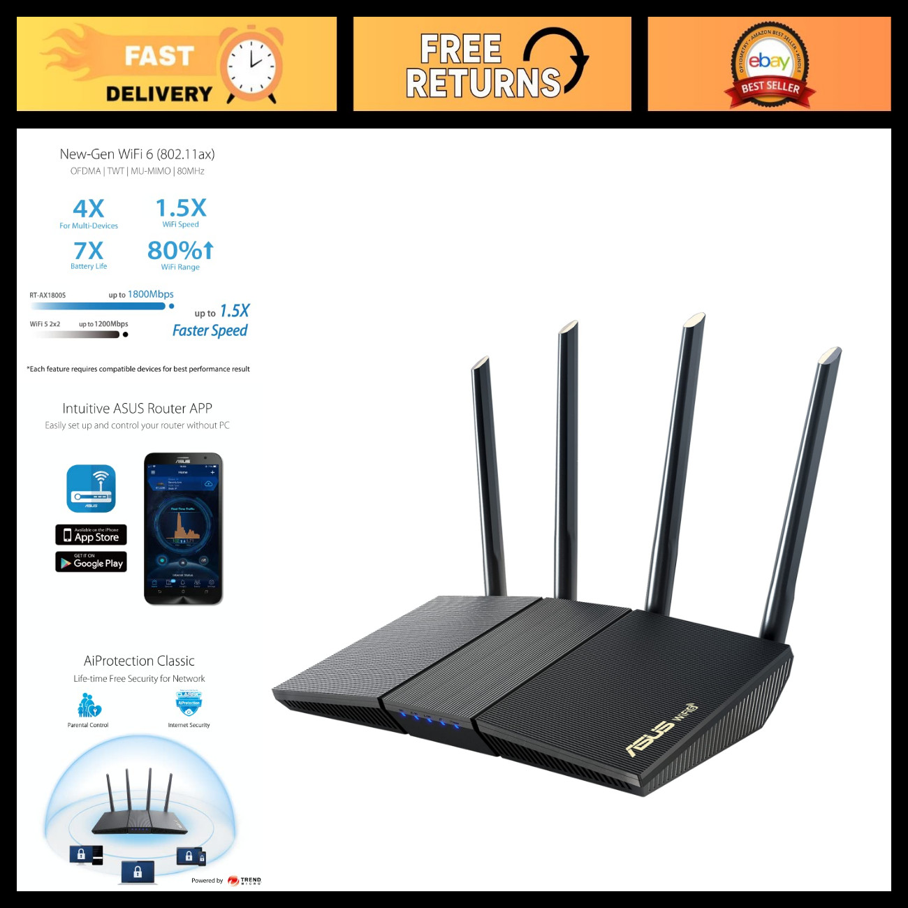 Dual Band WiFi 6 Router, Extendable, VPN, Parental Control, AiMesh, Gaming & Str