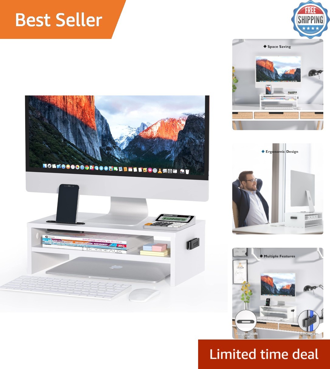 Elegant 2-Tier Ergonomic Monitor Stand Riser – Eco-Friendly White Design