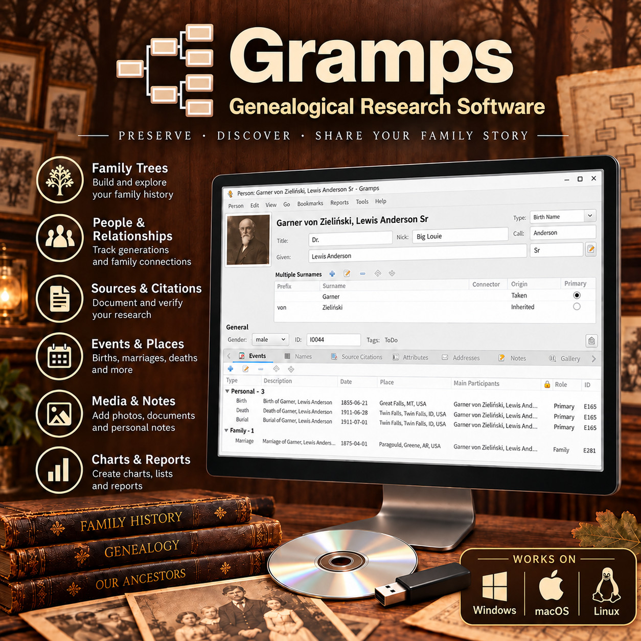 Gramps Family Tree Maker | Genealogy Software | Family History Ancestry | USB CD