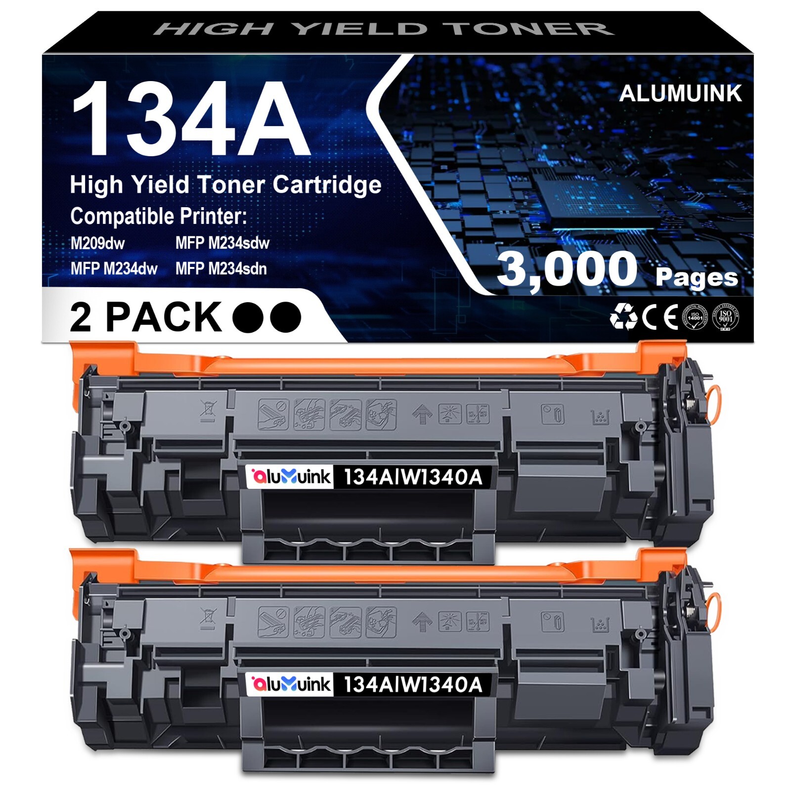2PK 134A 134X Toner with Chip - Replacement for HP W1340A W1340X MFP M234dw