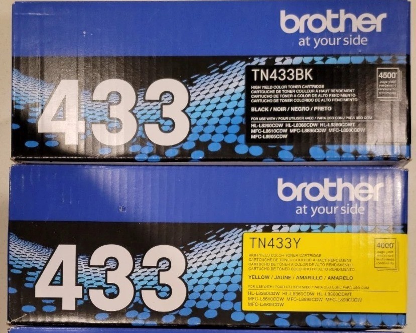 New Genuine Factory Sealed Brother TN-433 Yellow and Cyan Toners 433 - DAMAGE