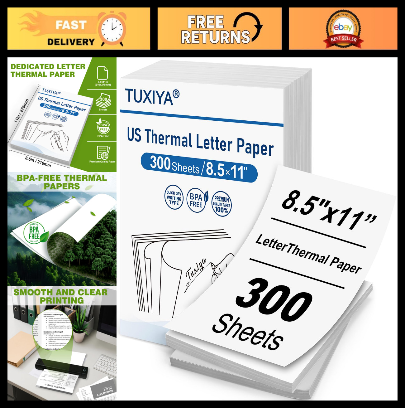 300 Sheets Thermal Printer Paper 8.5x11" BPA-Free, US Letter Size, Compatible wi