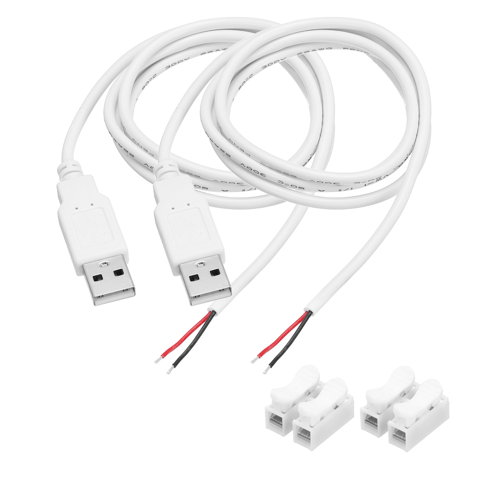 2Pcs USB Plug Pigtail, 1M/3.2FT Male 22 AWG 5V 3A with Wire Connector, White