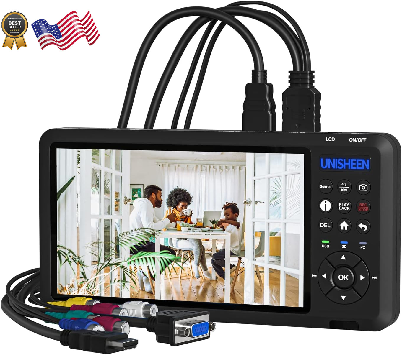 ideo Recorder 1080P 60FPS USB2.0 with 7" Screen, DVI/HDMI/CVBS/VGA/YPBPR Cap
