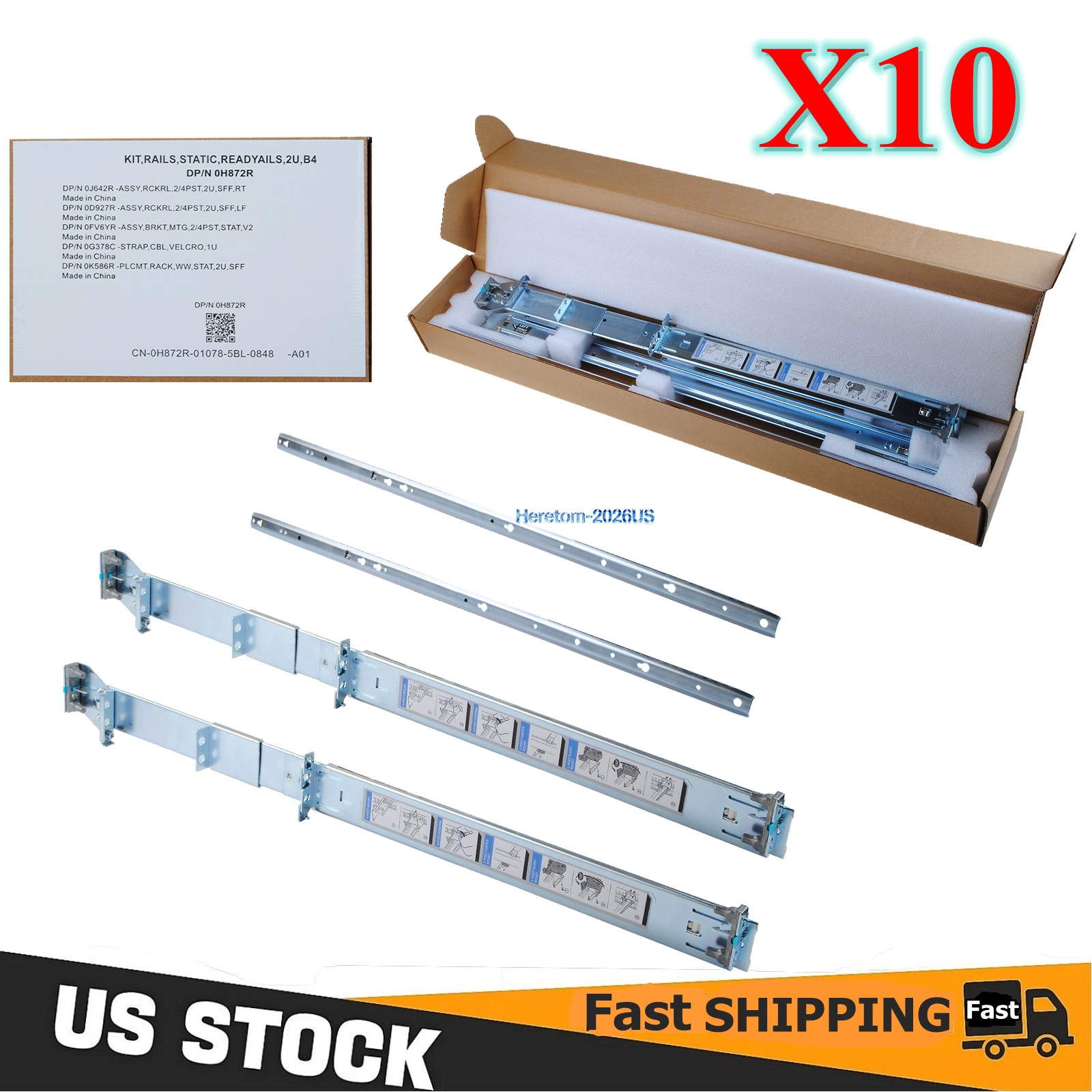 Lot of 10 H872R 2U Static Server Rails For Dell R720XD R730 R820 R520 R530 R740