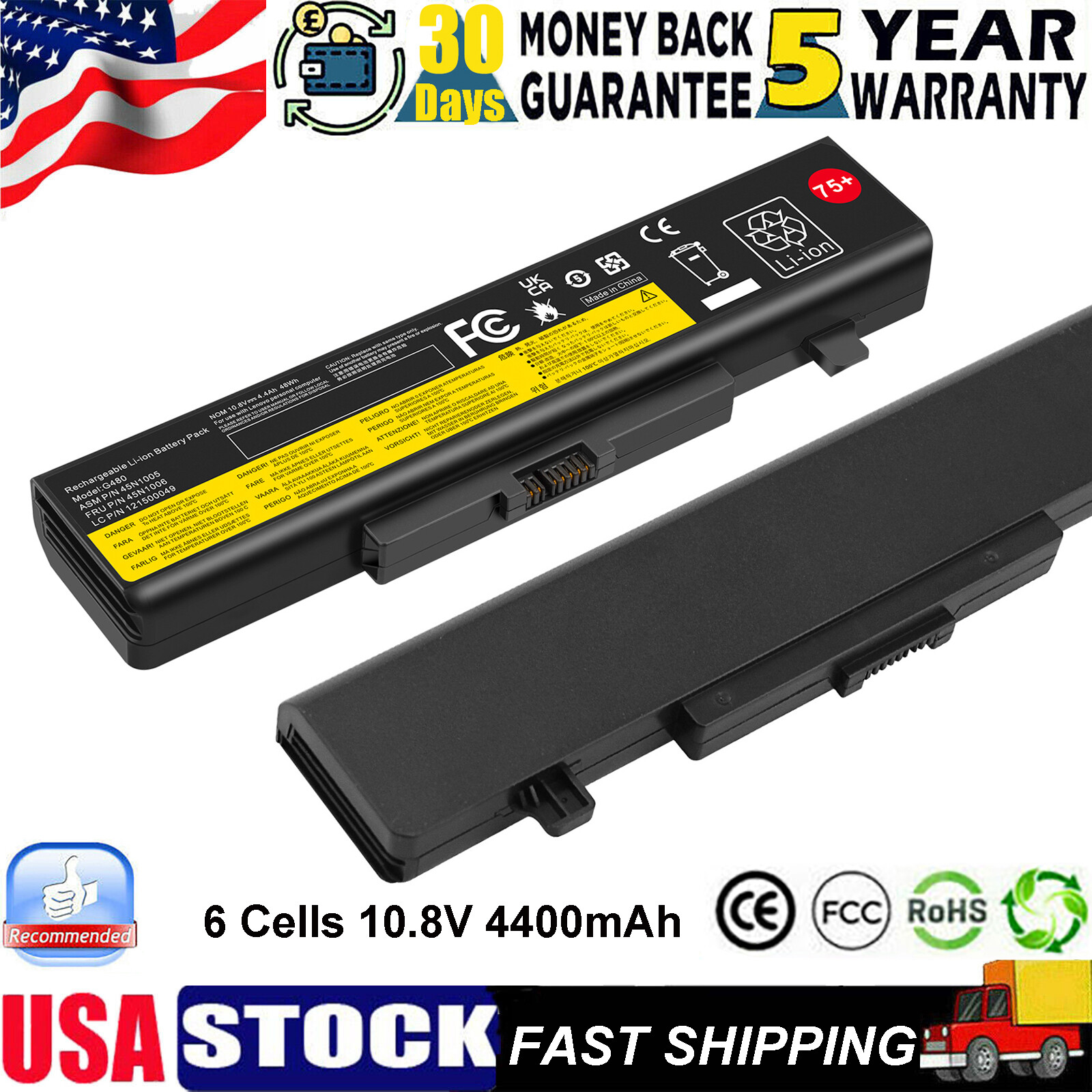 75+ Battery for Lenovo IdeaPad Y480 Y580 G480 G580 Z380 Z480 Z580 L11S6Y01 48Wh
