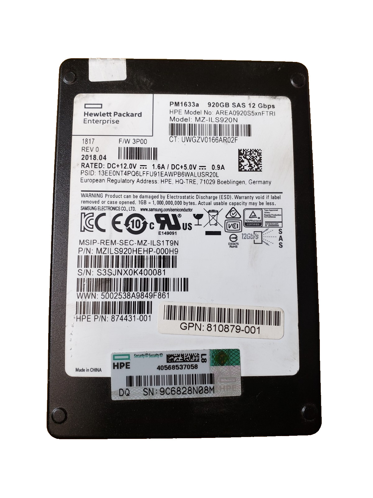 3PAR 920GB 2.5" 12Gb/s SAS SSD MZ-ILS920N HP AREA920S5xnFTRI 512 Byte Sectors