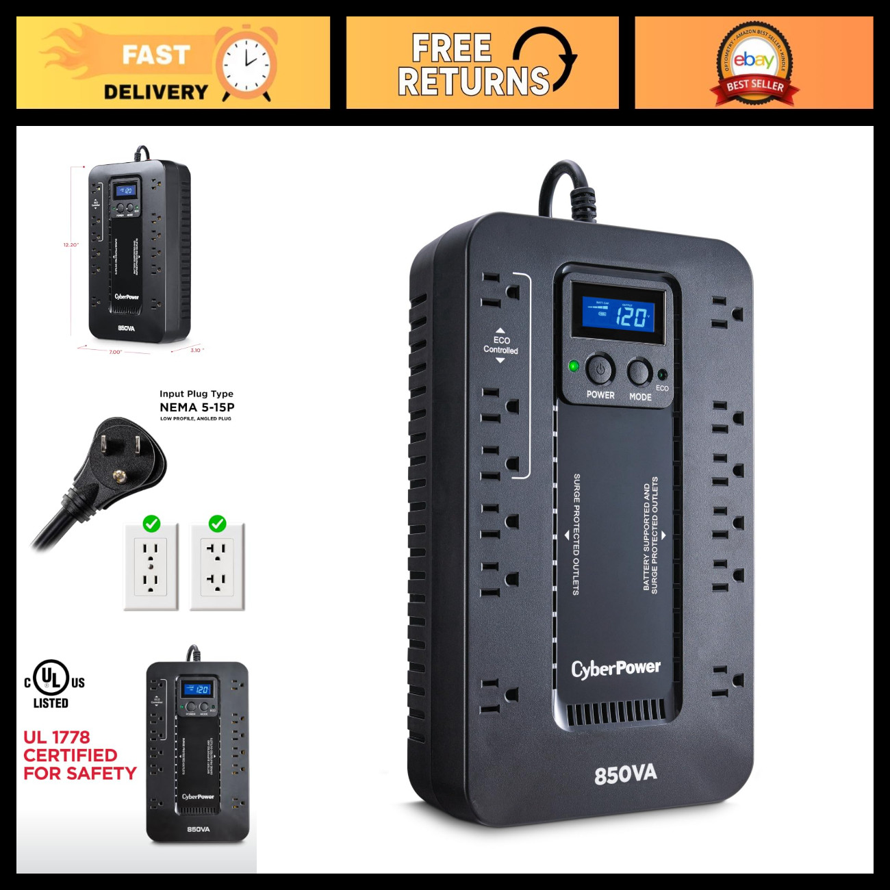 850VA Eco-Friendly UPS Battery Backup & Surge Protector with LCD Display