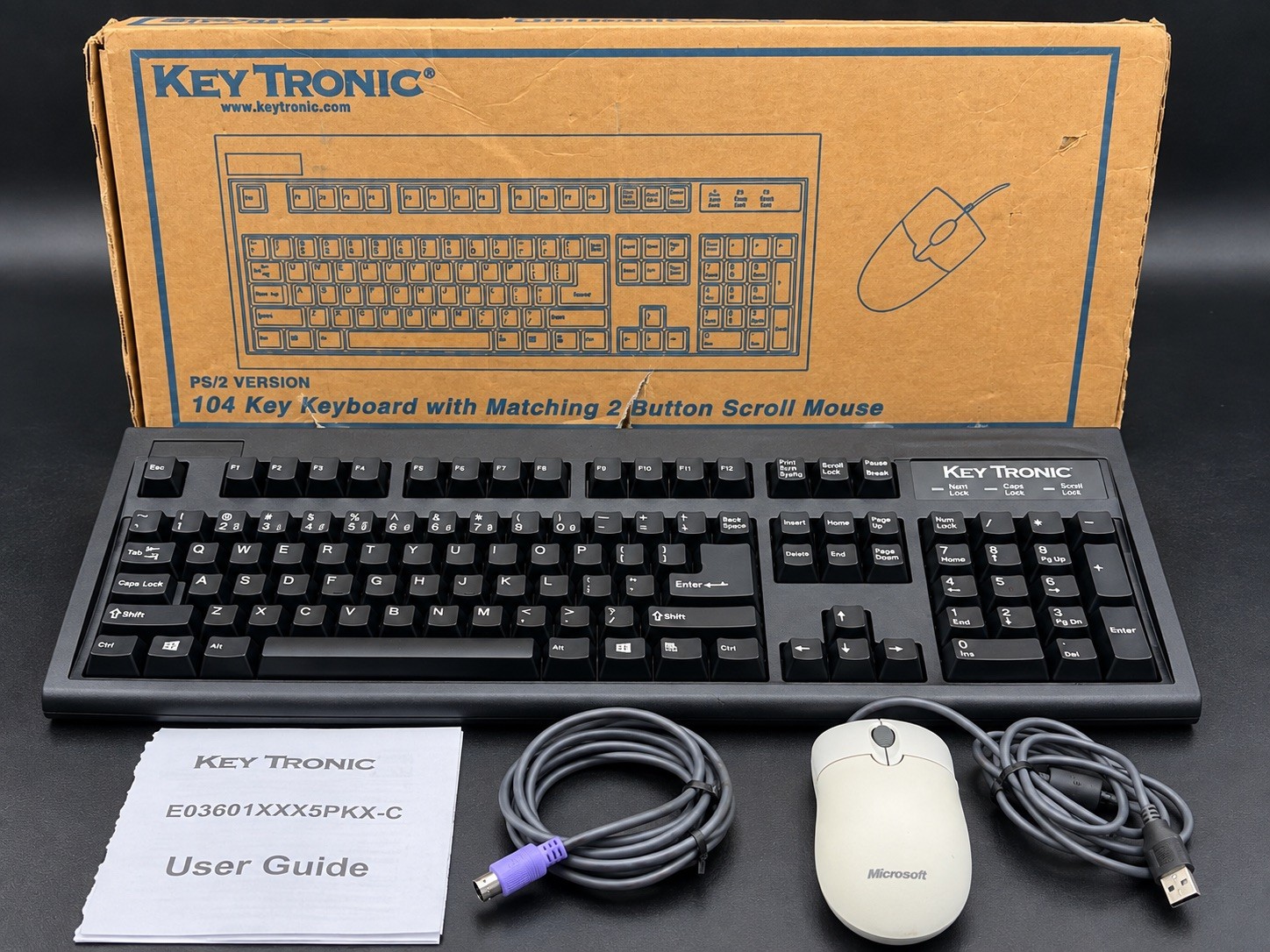 Vintage Key Tronic E03601 PS/2 Keyboard + Microsoft USB Mouse Box Manual