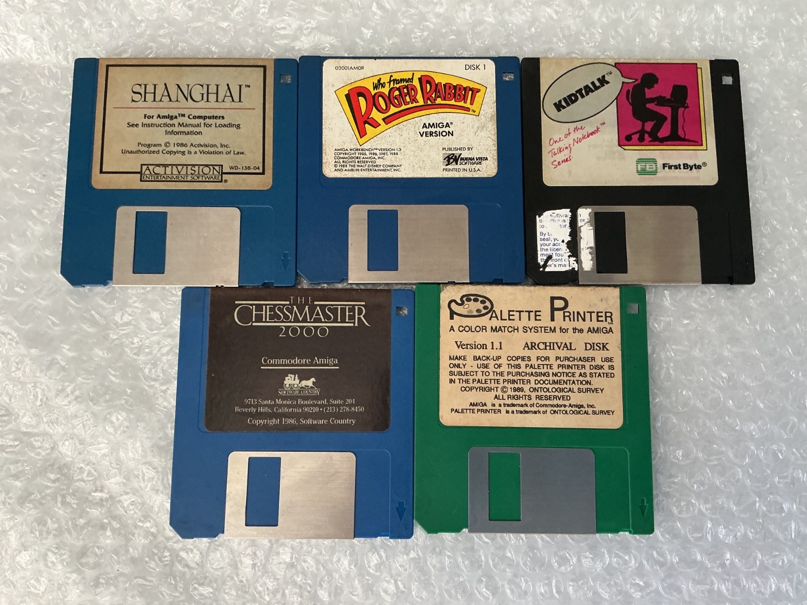 Lot of 5 Amiga game Disks 3.5" Roger Rabbit + Chessmaster + Shanghai + Palette