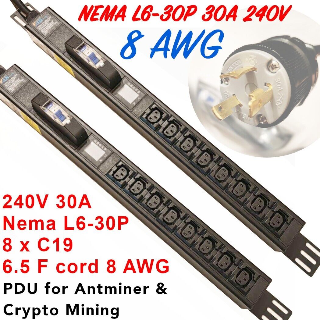 LCD Metered/Breaker Mining PDU 240V 30A Nema L6-30P 8x C13 Cord 6.5F long