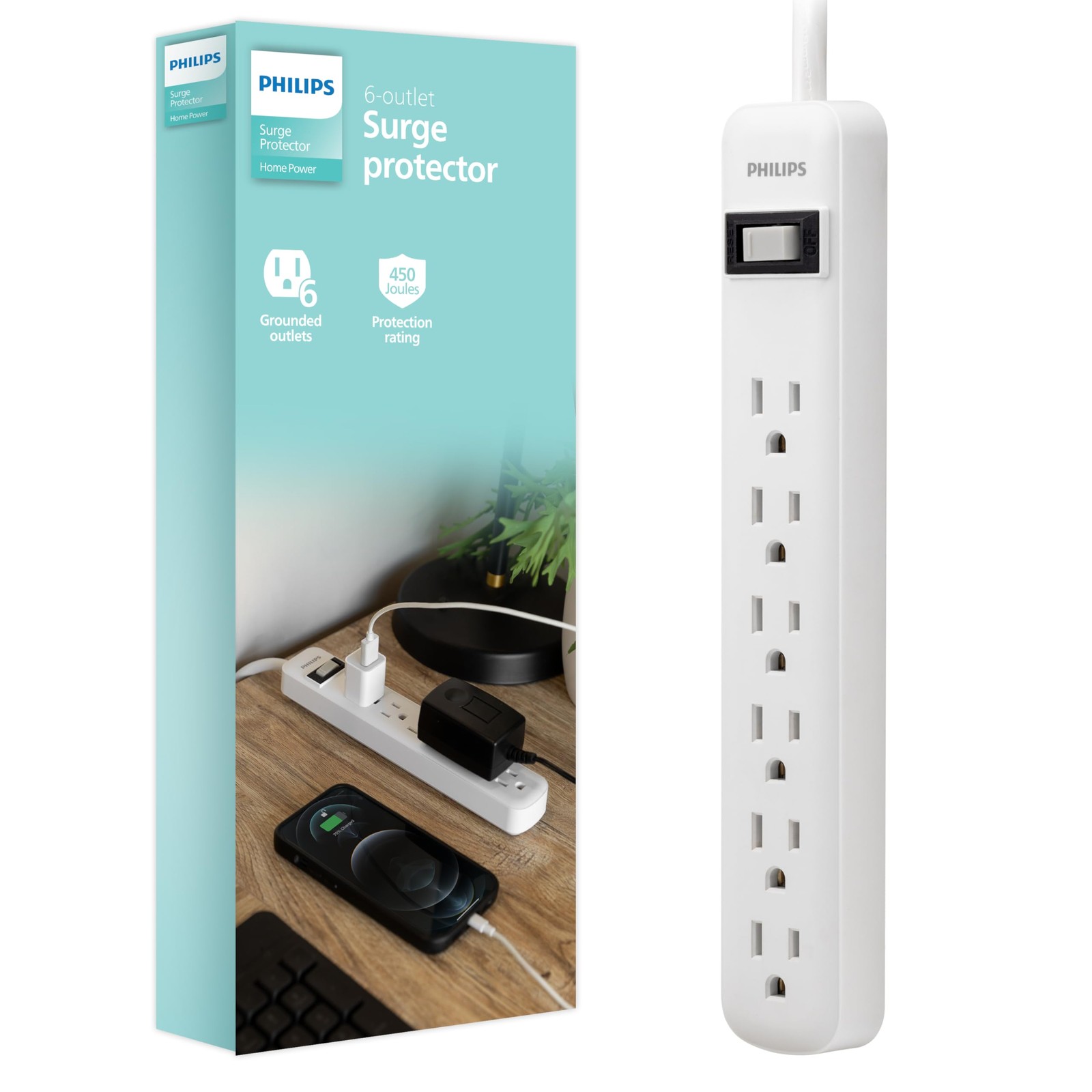PHILIPS Power Strip Surge Protector 6 Outlets 2 ft Cord SPP3063WP/37