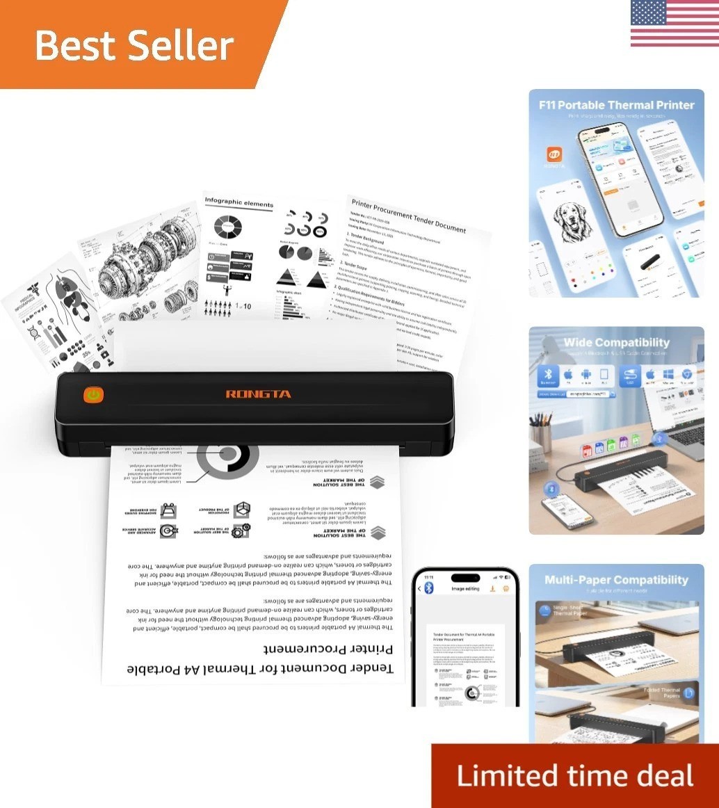 Rechargeable Inkless Portable Printer - Bluetooth, USB, Perfect Travel Companion